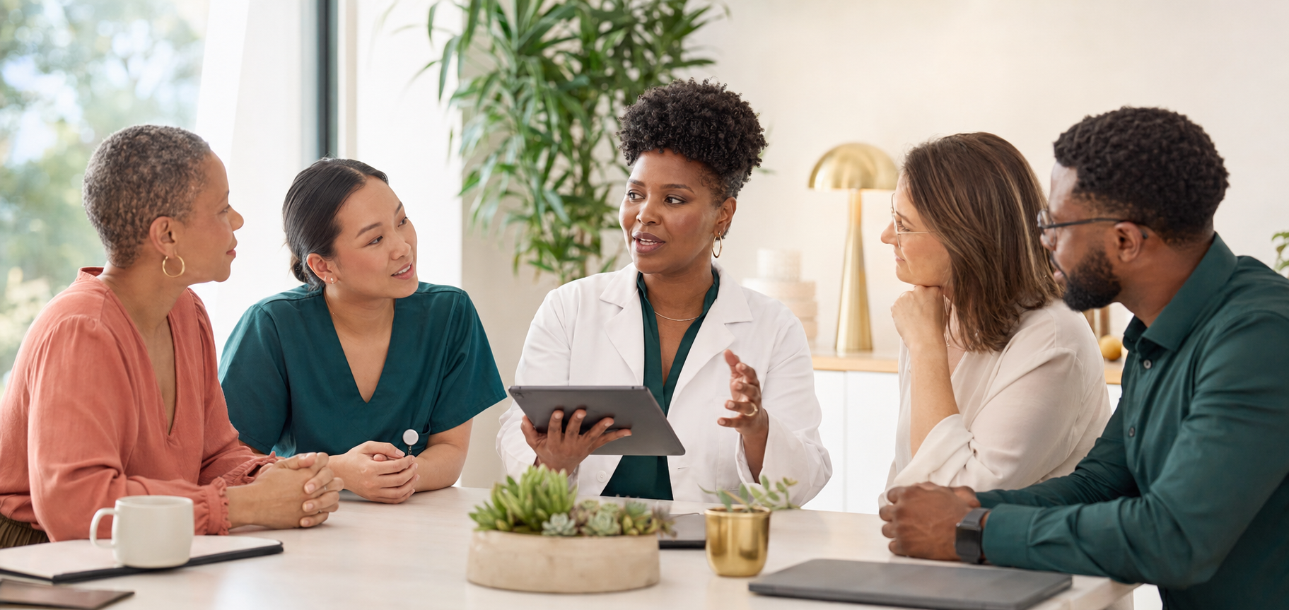 A diverse professional group discussing digital health around a tablet